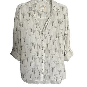 C & C California Womens 100% Linen Shirt Blouse Palm Trees~Sz Small~Rolled Cuff